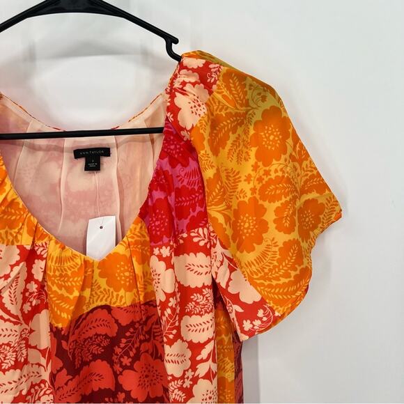 Ann Taylor Women’s Tropical Orange Red Short Sleeve Colorful Blouse Small New - Picture 2 of 8